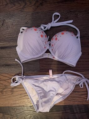 NWOT Victoria Secret Striped Lavender Bikini Set with Coral Floral Accents